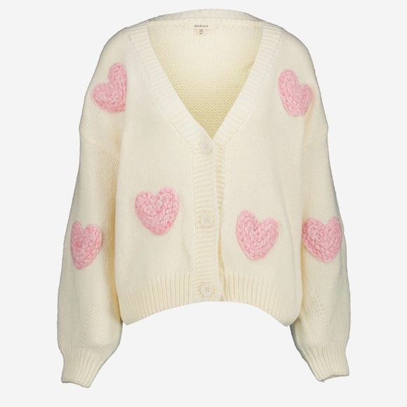 🆕💖Cozy Cream Cardigan with Pink Embroidered Hearts - Picture 2 of 6
